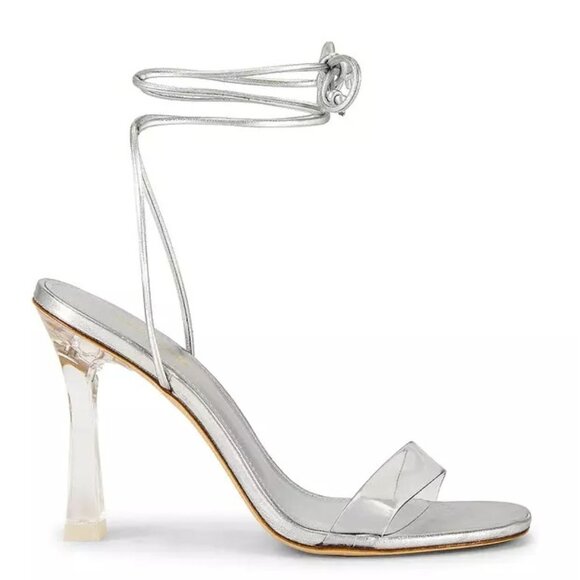 $350 larroude Gloria Strapped Heel CLEAR SILVER LEATHER STRAPPY 5 (DB34)